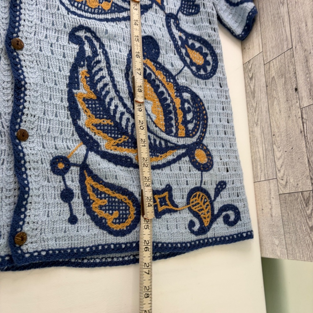 Manfinity Button Down Shirt Mens XL Blue Paisley Crochet Open Knit Short Sleeve - Picture 8 of 8
